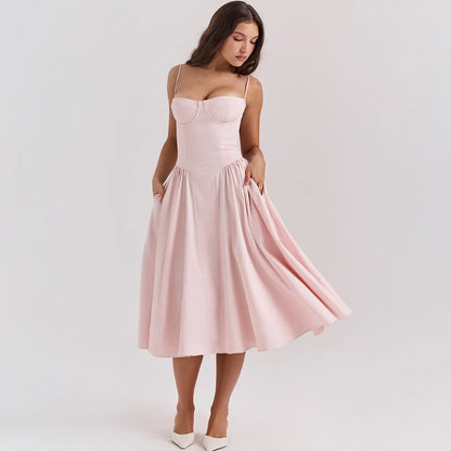 Dropshipping Vestido de verano rosa 2024 Recién llegados Vestido midi elegante con tirantes finos Vestido ajustado y acampanado Ropa sexy para mujer