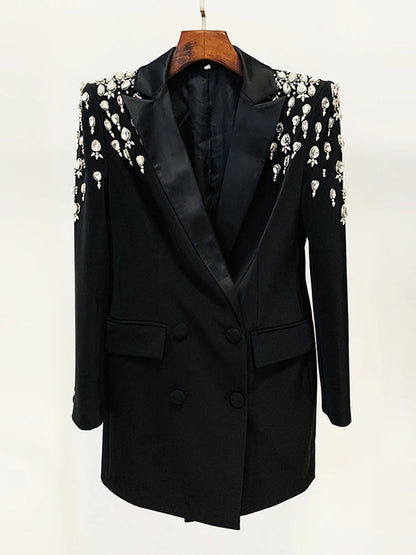 DEAT Fashion Blazer de mujer con hombreras de diamante, bolsillos cruzados, chaqueta de traje de estilo largo dividido, invierno 2024, nuevo 7AB2553