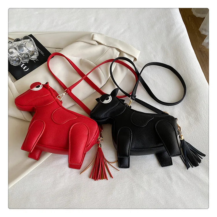 Lady Fashion High Quality Animal Horse Shape Shoulder Bag Cute PU Leather Tassel Crossbody Bag Female Handbags