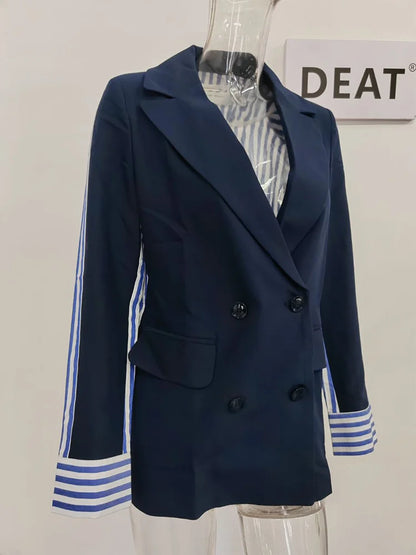 DEAT Fashion Blazer pour femme, nouvelle veste de costume ample à double boutonnage, épissée, rayée, longue, automne 2024 17A206H