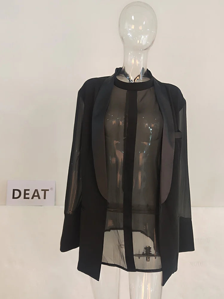 DEAT Fashion Blazer de mujer falso 2 piezas cuello redondo empalme gasa translúcida manga larga chaqueta de traje otoño 2024 nueva marea 17A2746