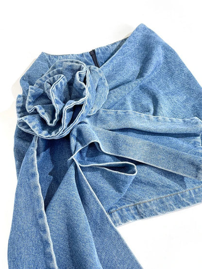 DEAT Fashion Women's Skirt High Waist Three-dimensional Rose Flower Asymmetric Blue Denim Short Skirts Summer 2024 New 17A8357