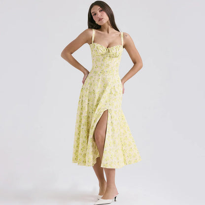 Suninheart 2024 Casual Spaghetti Strap Summer Dress Elegant Midi Floral Print Fit and Flare Dress Sexy Birthday Party Dresses