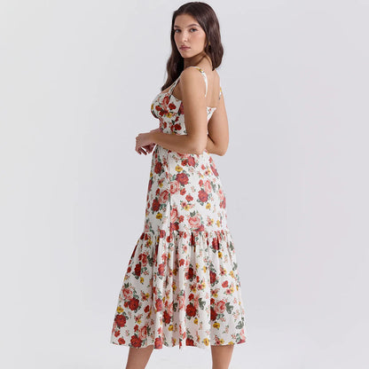 Suninheart Summer Ruffle Hems Elegant Party Dresses 2024 Causal Floral Print Fit and Flare Dress with Pocket Women Midi Dress