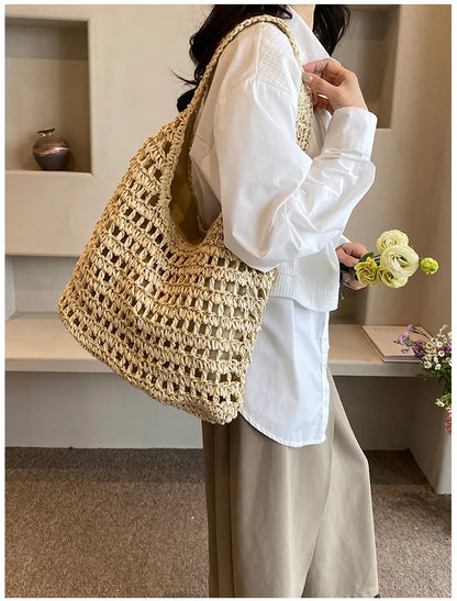 Casual Hollow Straw Women Shoulder Bags Handmade Woven Large Capacity Tote Bag Summer Beach Handbags Simple Bali Purses 2024