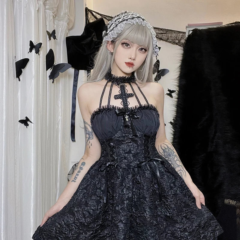 Goth Dark Mall Gothic Emo Jacquard A-line Dresses Elegant Grunge Ruched Bandage Partywear Punk Black Women Halloween Club Dress