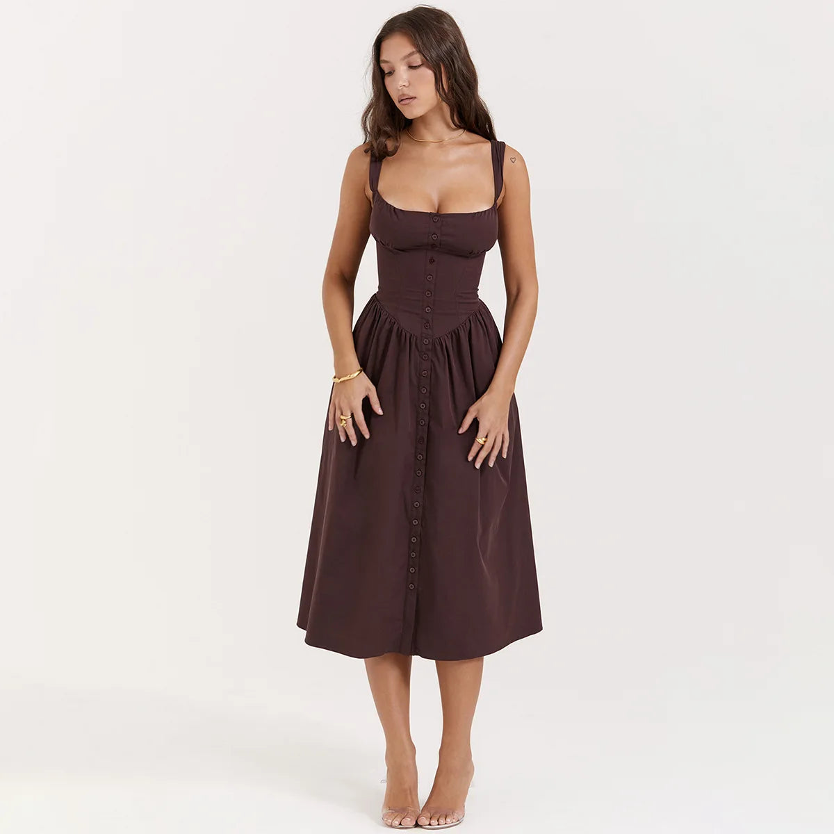 Robe élégante d'été pour femme Suninheart 2023 Robe de fête d'anniversaire à bretelles spaghetti marron Robe mi-longue boutonnée en ligne A