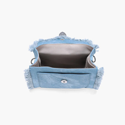 Mochilas de mezclilla con flecos de moda para mujeres Mochila de diseño tipo caja para adolescentes Bolsos de viaje universitarios informales Tendencia simple 2024