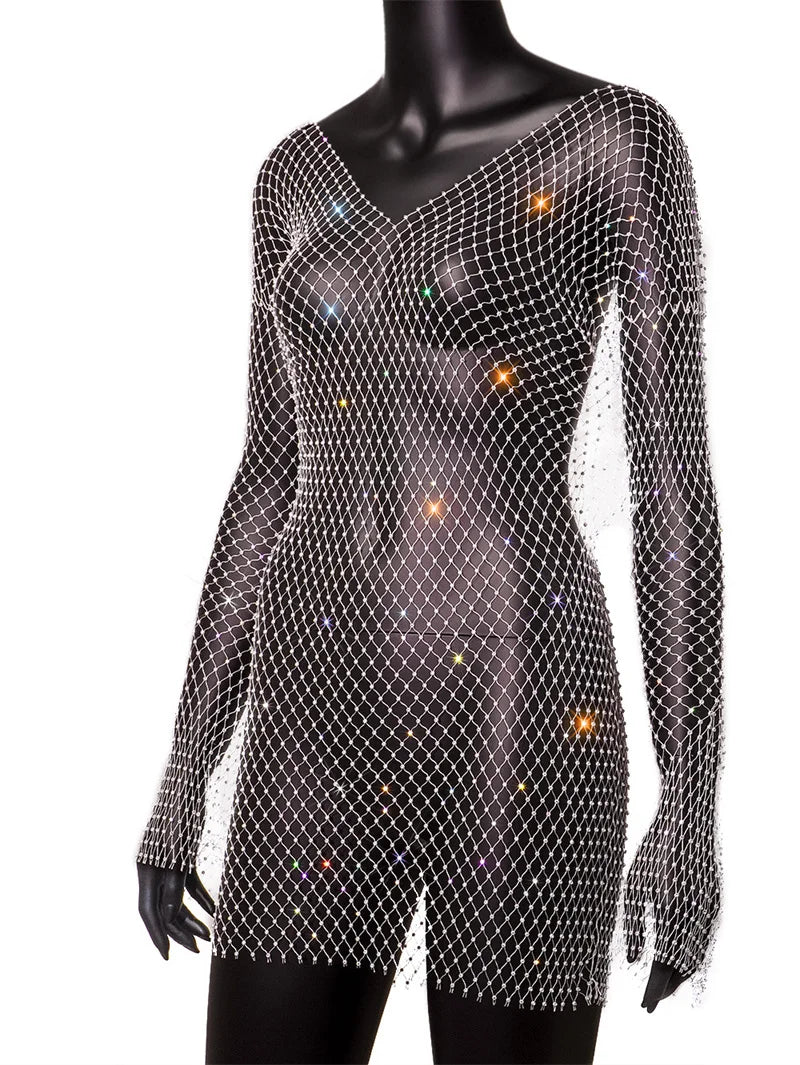 1PCS Women Bikini Cover-up Sexy Hollow Out Fishnet Long Sleeves See-through Bikini Cover-ups Slim Fit Bodycon Swimsuit Dress