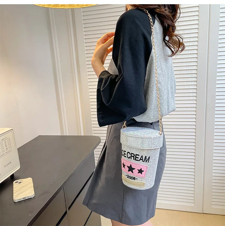 Funny cute cup shape shoulder bag icea cream letter printing bucket bag ladies crossbody messenger bag female purse handbag