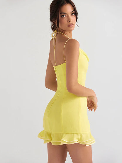 suninheart Light Beach Robe Sleeveless Mini Dress Chic Ruffles Chiffon Summer Sexy Party Yellow Dress For Women