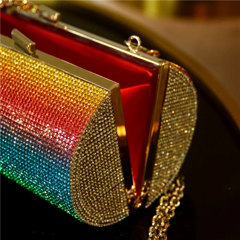 Bolso de noche con diamantes de imitación de arcoíris para mujer, bolso de mano de lujo para fiesta, bolso de mano para boda, bolso de hombro cilíndrico con diamantes