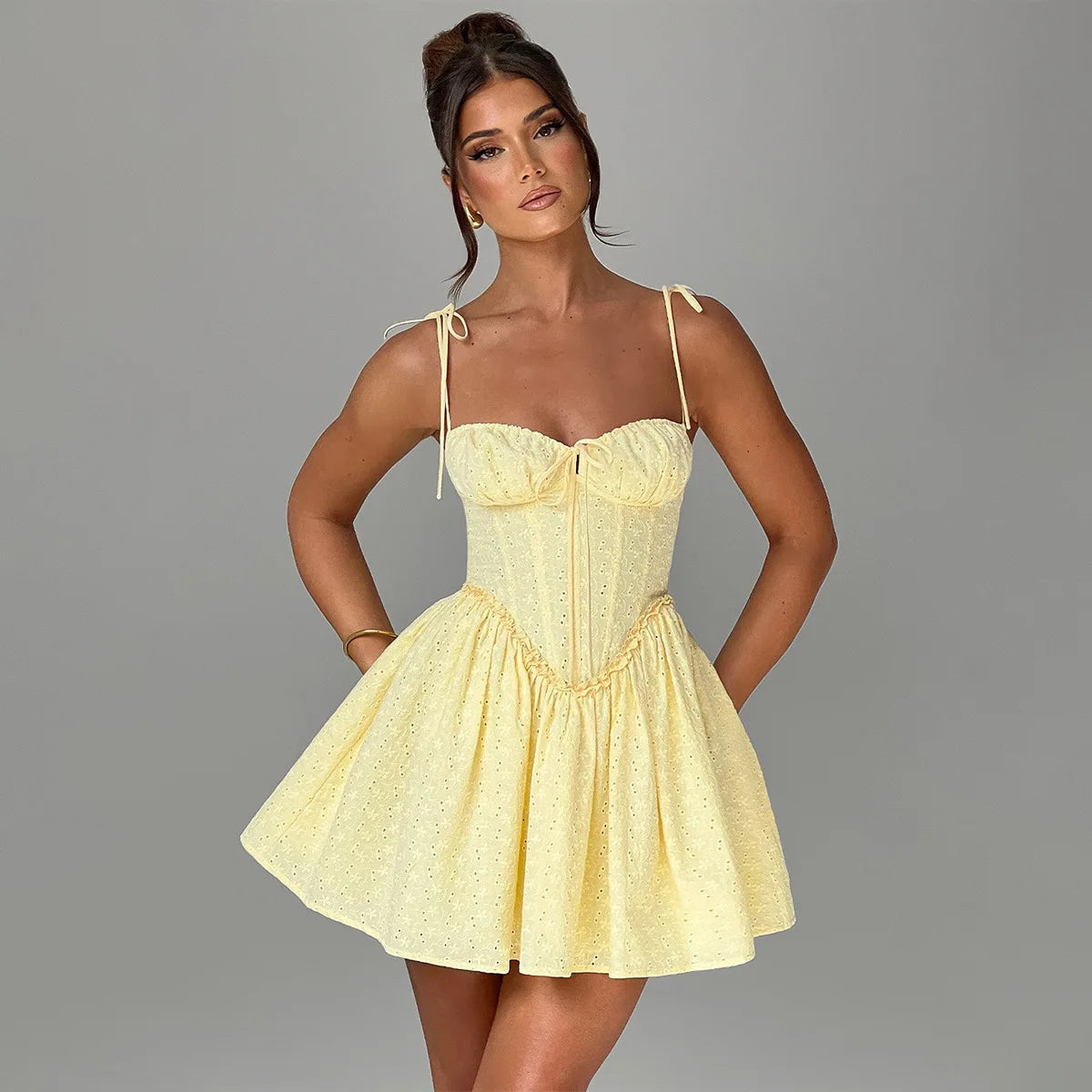 Suninheart Summer Spaghetti Strap Corset Dress Sexy Short Flare A Line Party Dresses Yellow Elegant Jacquard Dress Wholesale