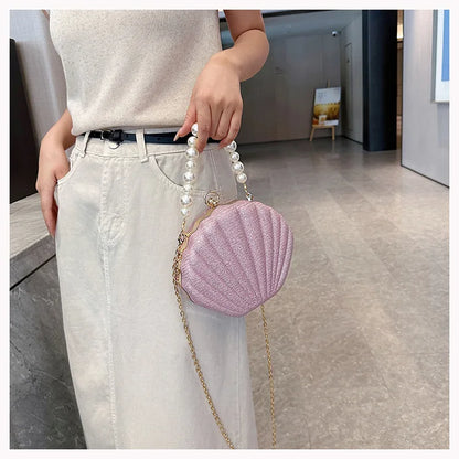 Bolso de hombro estilo marca, bolso de concha con cadena de perlas, bolso cruzado de lentejuelas de moda para mujer, bolso de noche