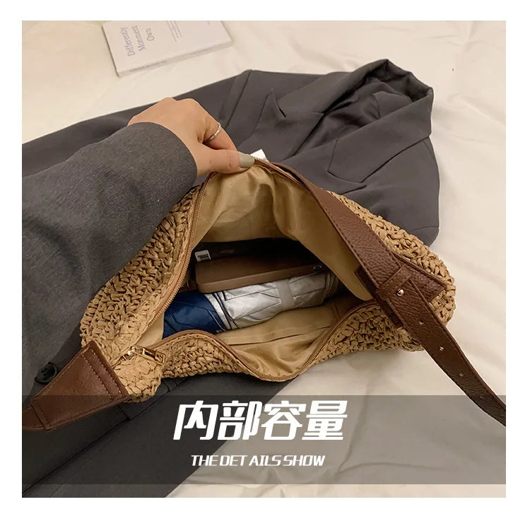 Casual Hobos Straw Women Shoulder Bags Handmade Weave Crossbody Bags Vintage Simple Summer Beach Bag Large Capacity Tote Purses