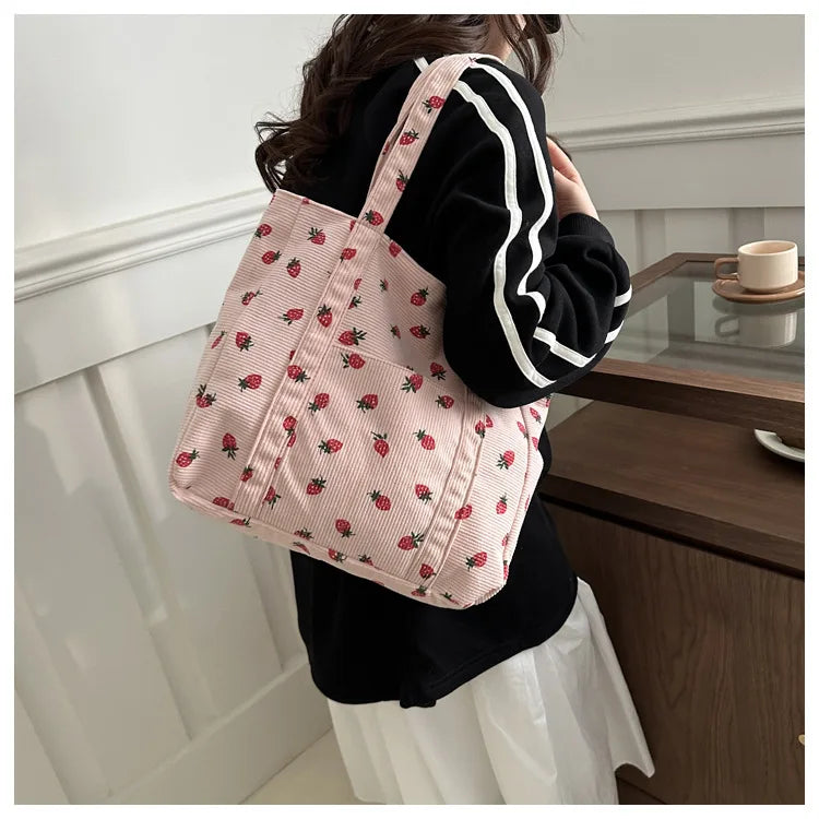 Sac fourre-tout décontracté à motif de fraises, grande capacité, sacs à bandoulière pour femmes, sacs à main chics et simples, grand sac de courses en nylon, sacs à main pour étudiants