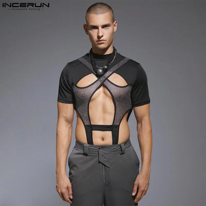 2023 Monos para hombre de malla de retazos transparentes con agujeros, monos de cuello redondo de manga corta, mono sexy de moda para hombre S-3XL INCERUN