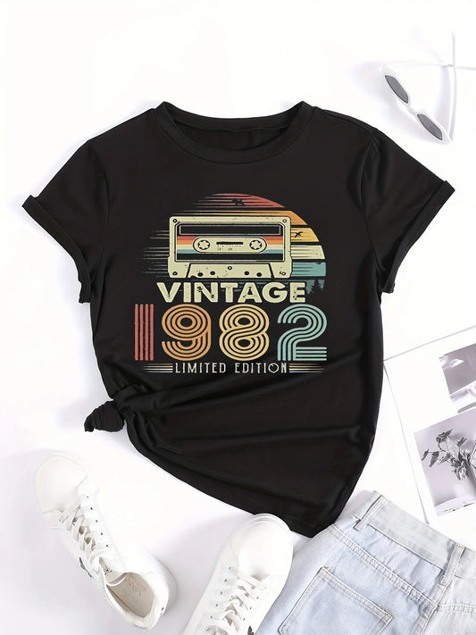 Camiseta vintage con estampado de letras de 1982 para mujer, camiseta informal de manga corta con cuello redondo, ropa para mujer, camisetas para mujer