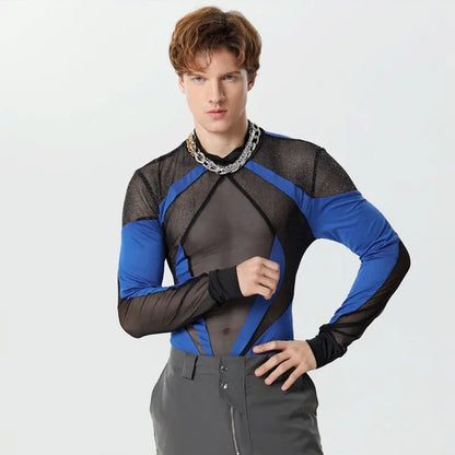 2024 Hommes Body Maille Patchwork Col Roulé À Manches Longues Mode Hommes Barboteuses Streetwear Brillant Sexy Transparent Bodys INCERUN