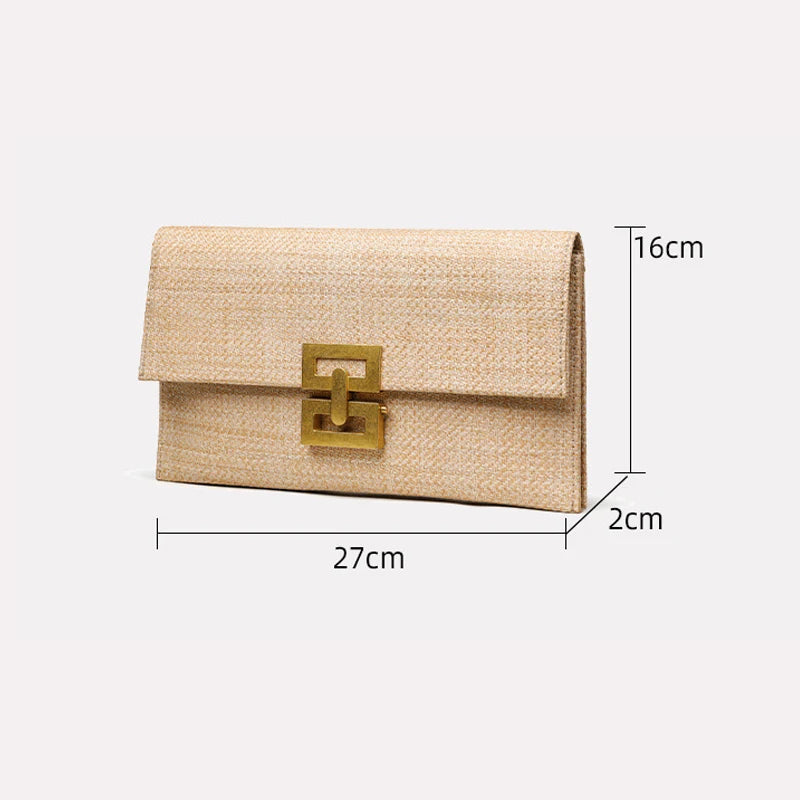 Casual Straw Clutch Bag for Women Chic Metal Lock Lady Handbags Vintage Summer Beach Bag Fashion Party Purses for Female 2024