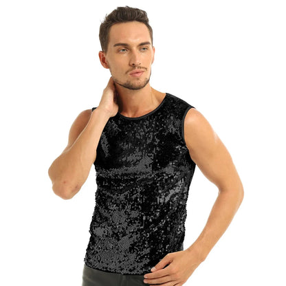 YiZYiF Men's Sequin Tank Top Shiny Crop top Vest Crew Neck Slim Vest Sexy WetLook Tank Top Clubwear Tee Muscle Tank Men Vest Top