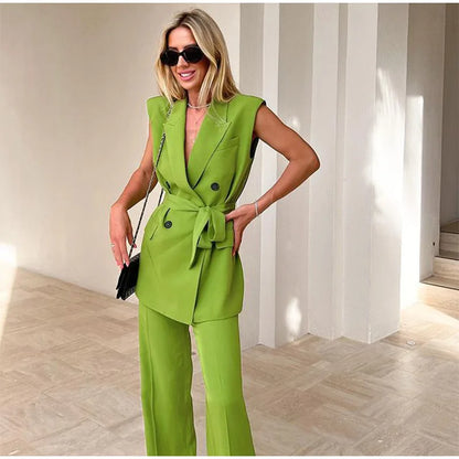 Women Fashion Trousers Two Piece Sets Casual Loose Sleeveless Vest Coat Wide Leg Pants Suits 2023 Spring Commuter Office Set