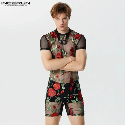 2024 Monos de hombre de malla transparente con bordado de flores, cuello redondo, manga corta, monos unisex de moda sexy, tallas S-5XL INCERUN