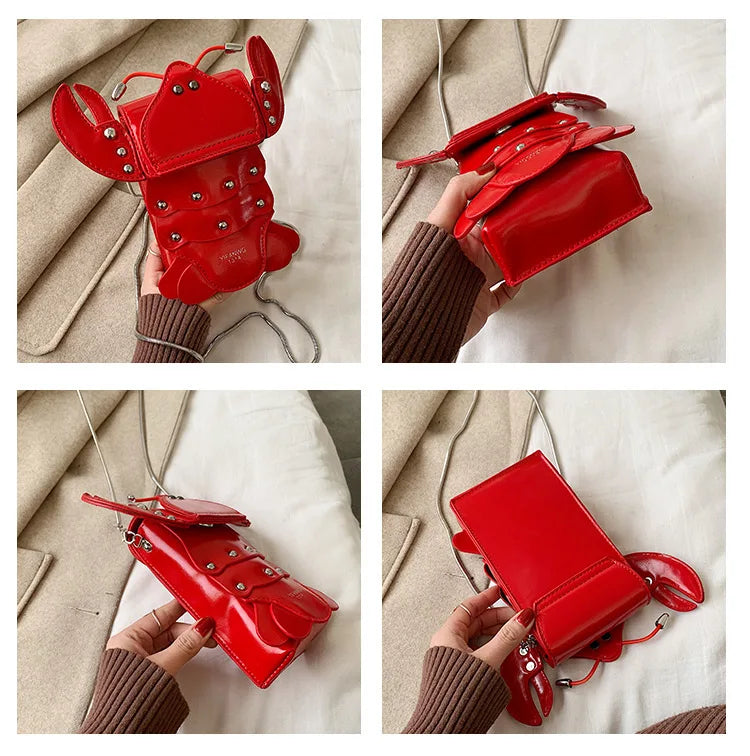 Funny Crayfish Shape Pu Shoulder Bag For Women Summer Red Phone Bag Girls' Chain Small Crossbody Bag