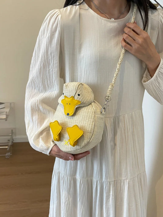 Bolso tejido con forma de patito bonito, bolso de hombro de verano con dibujos animados, bolso cruzado pequeño para mujer