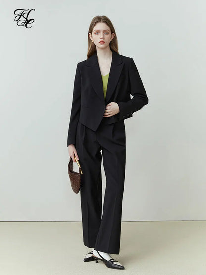 FSLE Commuter All-match Suit for Women Wide-leg Pants Suit New Short Blazer Jacket High Waist Loose Pan Two-piece Set Female