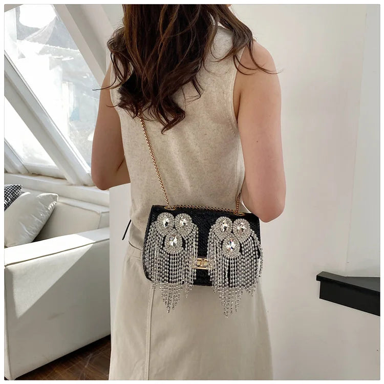 Evening Small Square Bags for Women 2023 Fashion Diamond Tassel Handbag Leather Chain Luxury Party Sparkle Shoulder Bag Woman