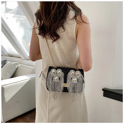 Evening Small Square Bags for Women 2023 Fashion Diamond Tassel Handbag Leather Chain Luxury Party Sparkle Shoulder Bag Woman