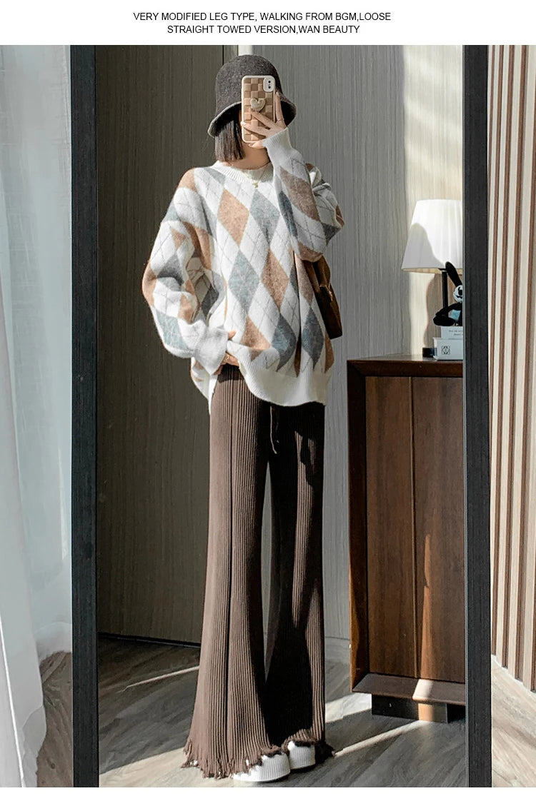 Suninheart Tassels Wide Leg Knitted Pants Women Winter Stripe Loose Trousers Femme Casual Full Length Warm Sweater Pants 2022