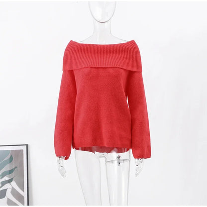 Suninheart Slash Neck Off Shoulder Sweater Women 2024 Spring Solid Elegant Long Sleeve Pullover Female Fashion Red Loose Ladies