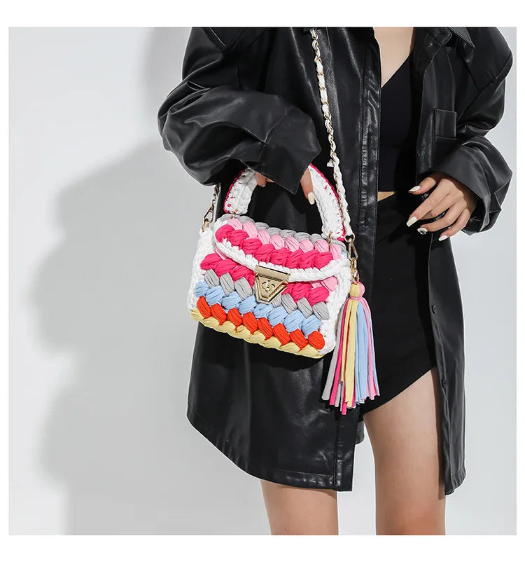 Fashion Colorful Crochet Women Handbags Trend Handmade Woven Chains Shoulder Crossbody Bag Small Flap Female Purses 2024