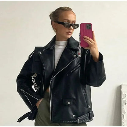 Veste en cuir noir pour femme, veste de course gothique de printemps, veste vintage à manches longues, veste en PU à revers, manteaux de moto pour femme, streetwear