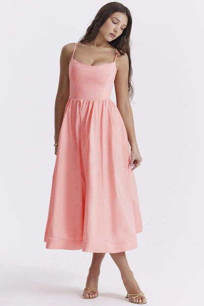 Suninheart Mujeres Elegantes Vestidos de Fiesta Largos Rosa Tirantes Espagueti Vestido de Una Línea Casual Vacaciones Vacaciones Vestido de Cumpleaños de Damas