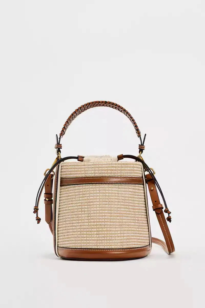 Fashion Straw Bucket Bag Weave Women Handbags Designer Panelled Shoulder Crossbody Bags Casual Summer Beach Small Tote Purses