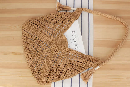 Casual Hollow Tassel Straw Tote Bag Bohemian Women Shoulder Bag Handmade Woven Summer Beach Bag Big Bali Purses 2024