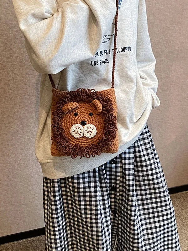 Cute Little Lion Bag For Girls Women's Funny Mobile Phone Coin Purse Winter Knitting Shoulder Crossbody Bag