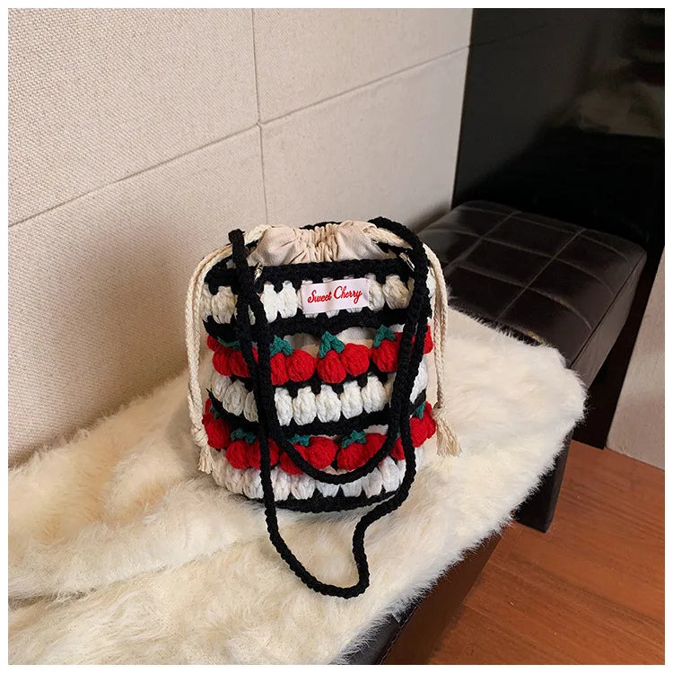 Handmade Woven Cherry Woolen Bag Fresh Fruit Woven Bag Crochet Knitted Bag Leisure String Shoulder Crossbody Bag 2024 New