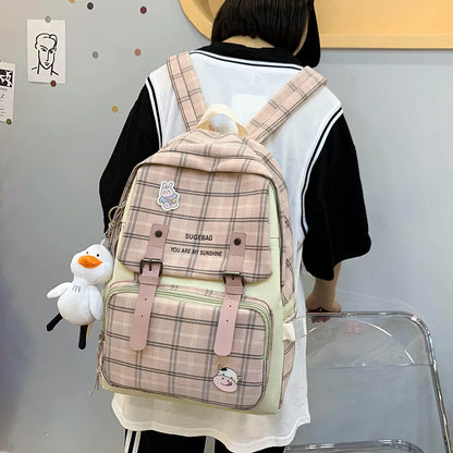 Mochila de estudiante, mochila de moda de estilo coreano para mujer, conjunto de mochila a cuadros, mochila para chica dulce, bolso universitario para mujer