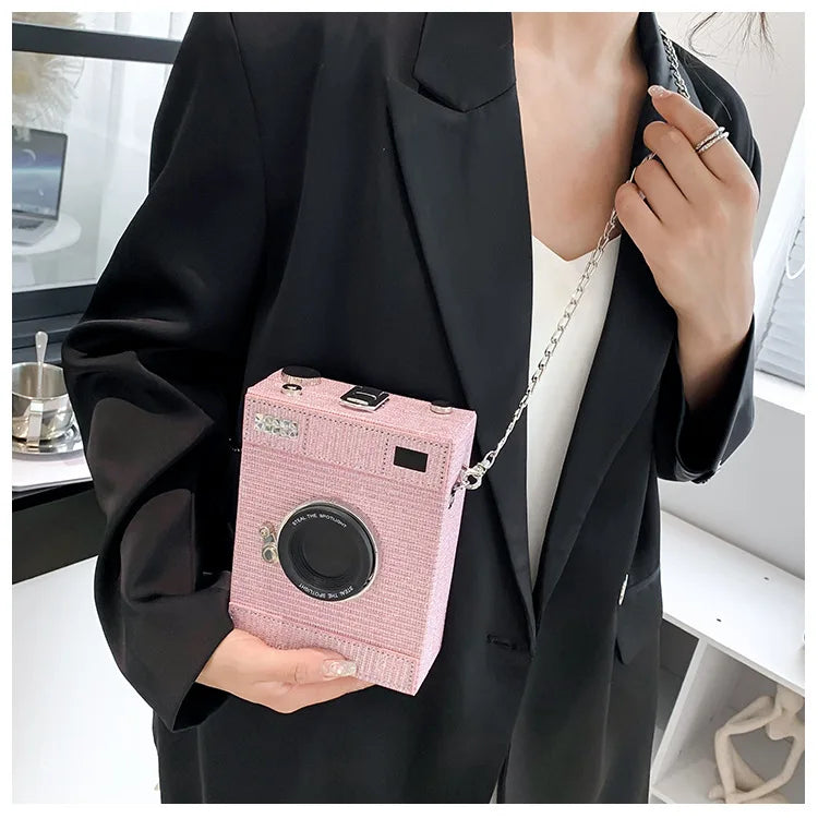 New Camera Shape Shoulder Bag Women Fashion Sequin Box Bag Funny Chain Crossbody Body Bag