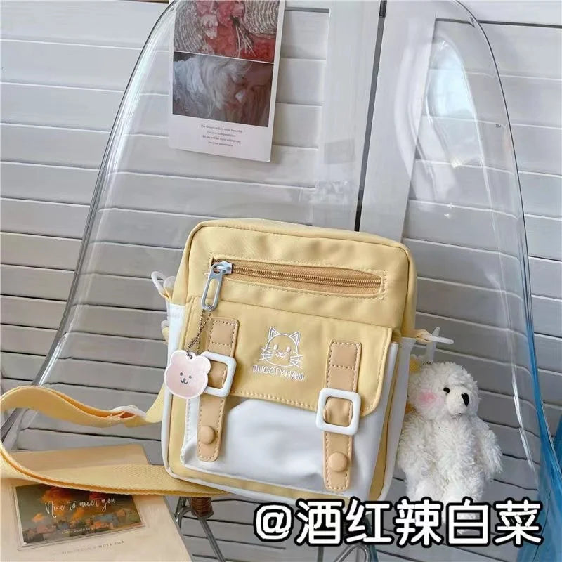 Bolsos cruzados pequeños de estilo japonés para mujer, nuevos bolsos de nailon 2023, bolsos y carteras para niñas, bolso de hombro con bordado de gato de dibujos animados