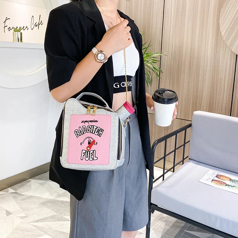 Fashion Personality Laser Sequin Embroidery Letter Oil Pot Bag Creativity Funny Chain Shoulder Bag Women Cute Messenger Bag