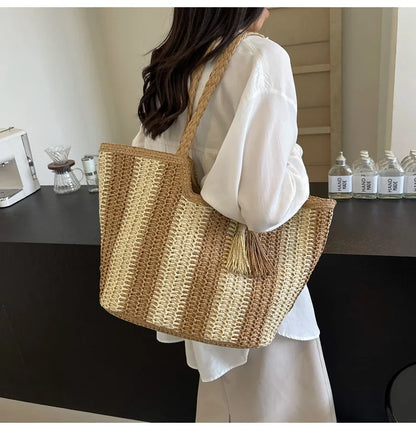 Bolso tejido de paja estilo vacaciones de verano, gran capacidad, versión coreana, tendencia occidental, bolso de hombro, bolso de mano de viaje de moda, diseñador