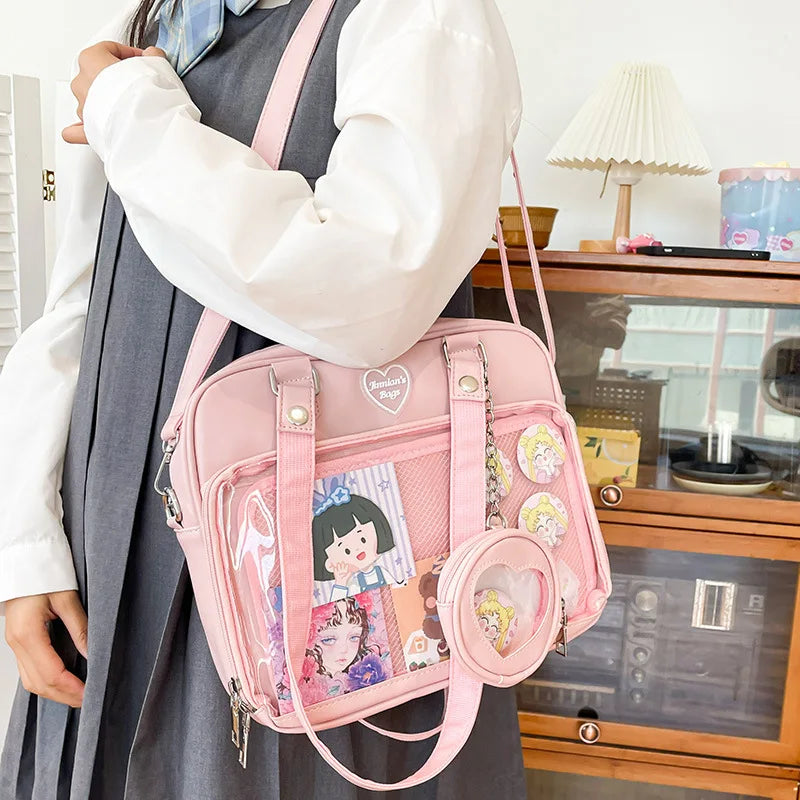 Sac de style japonais Kawaii pour femmes, sac d'uniforme JK en cuir PU, sac à bandoulière transparent pour filles, sacs d'école pour étudiants itabag pour femmes