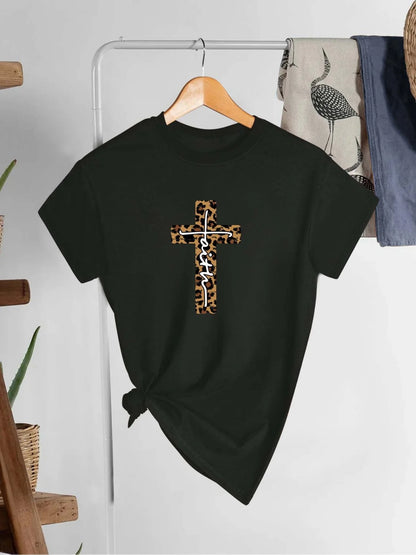 T-shirt chrétien à imprimé croisé pour femme, haut décontracté à manches courtes et col ras du cou pour l'été et le printemps, vêtements pour femmes, hauts pour femmes