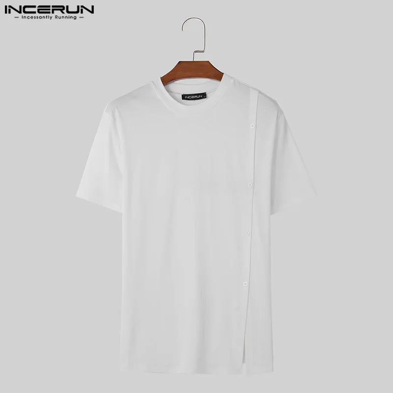 2024 Hommes T-shirt Couleur Unie O-cou Manches Courtes Bouton Décontracté Hommes Vêtements Streetwear Été Coréen Loisirs T-shirt Hauts INCERUN