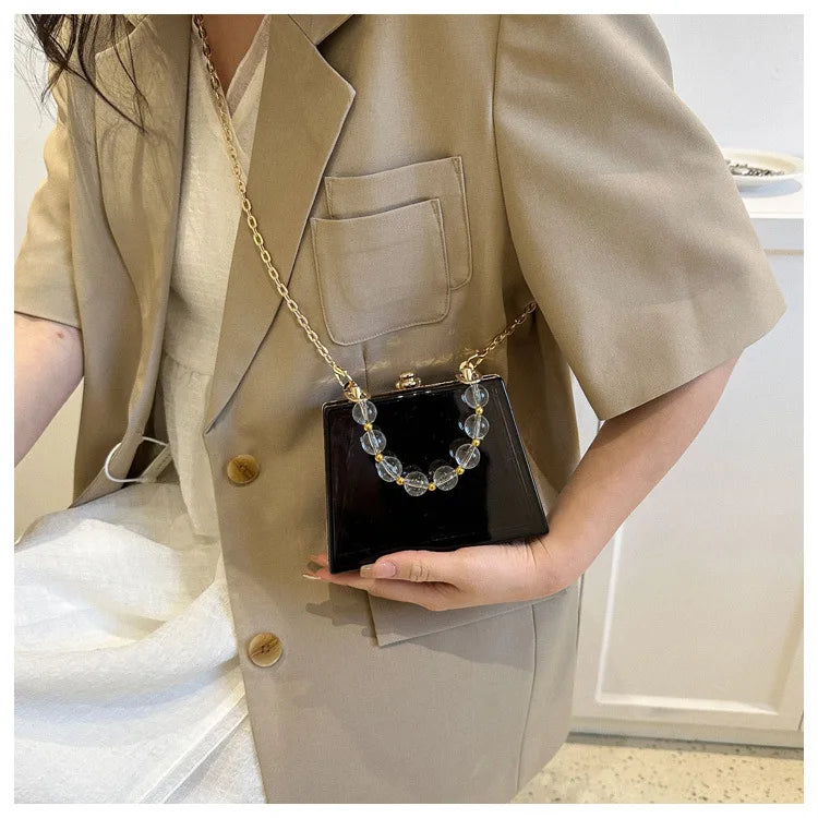 Summer Transparent Box Bag Female Small Pearl Handle Clear Shoulder Bag Chain Acrylic Dinner Bag